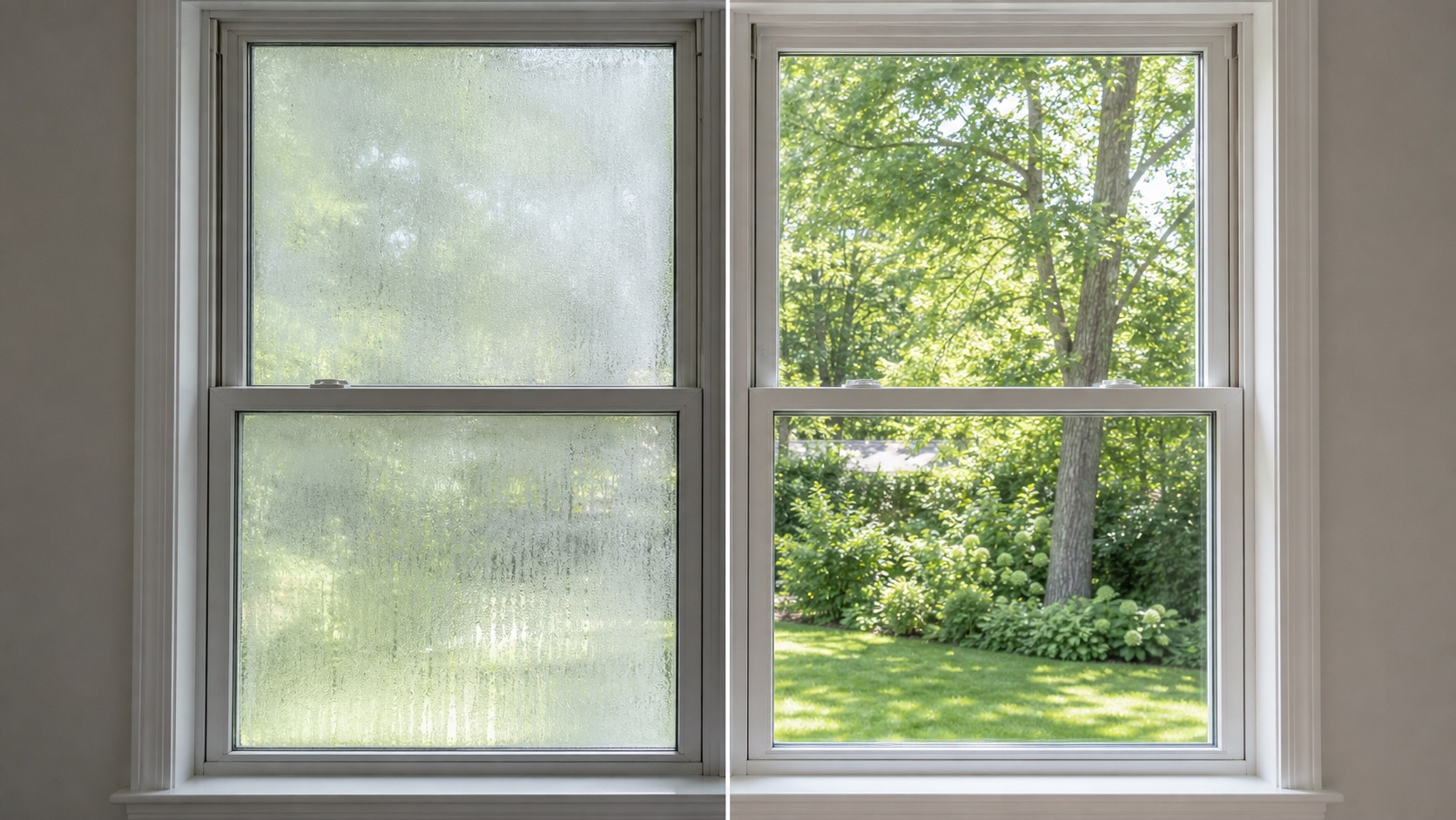foggy double-pane window before and after clear glass repair in Cary