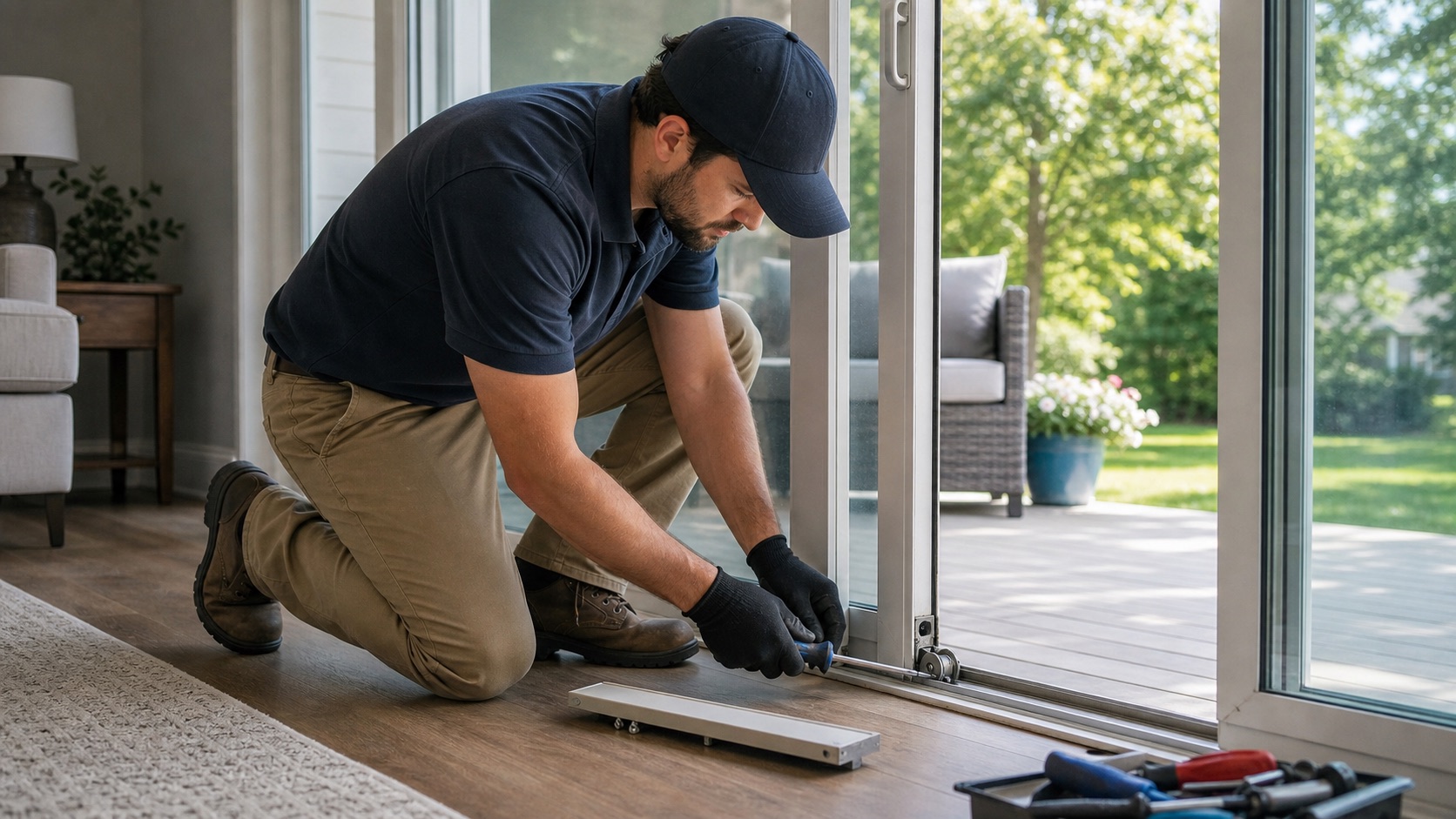 sliding glass door roller and track repair in Cary