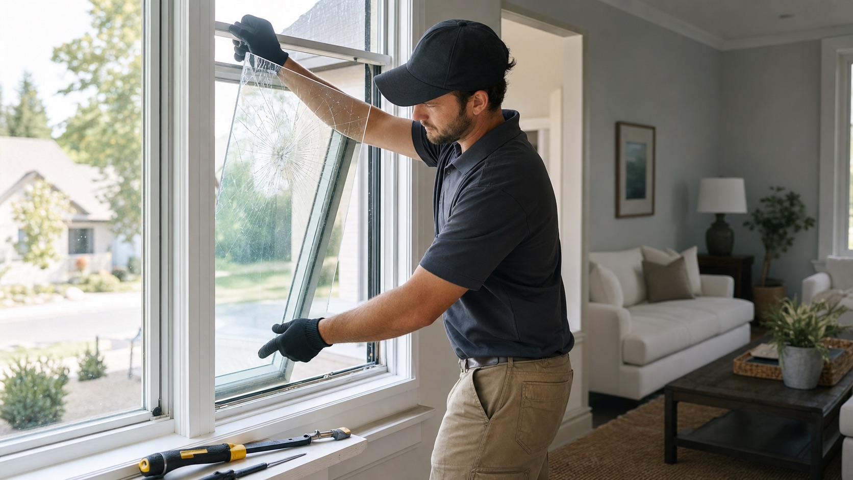 technician replacing cracked residential window glass in Cary, NC