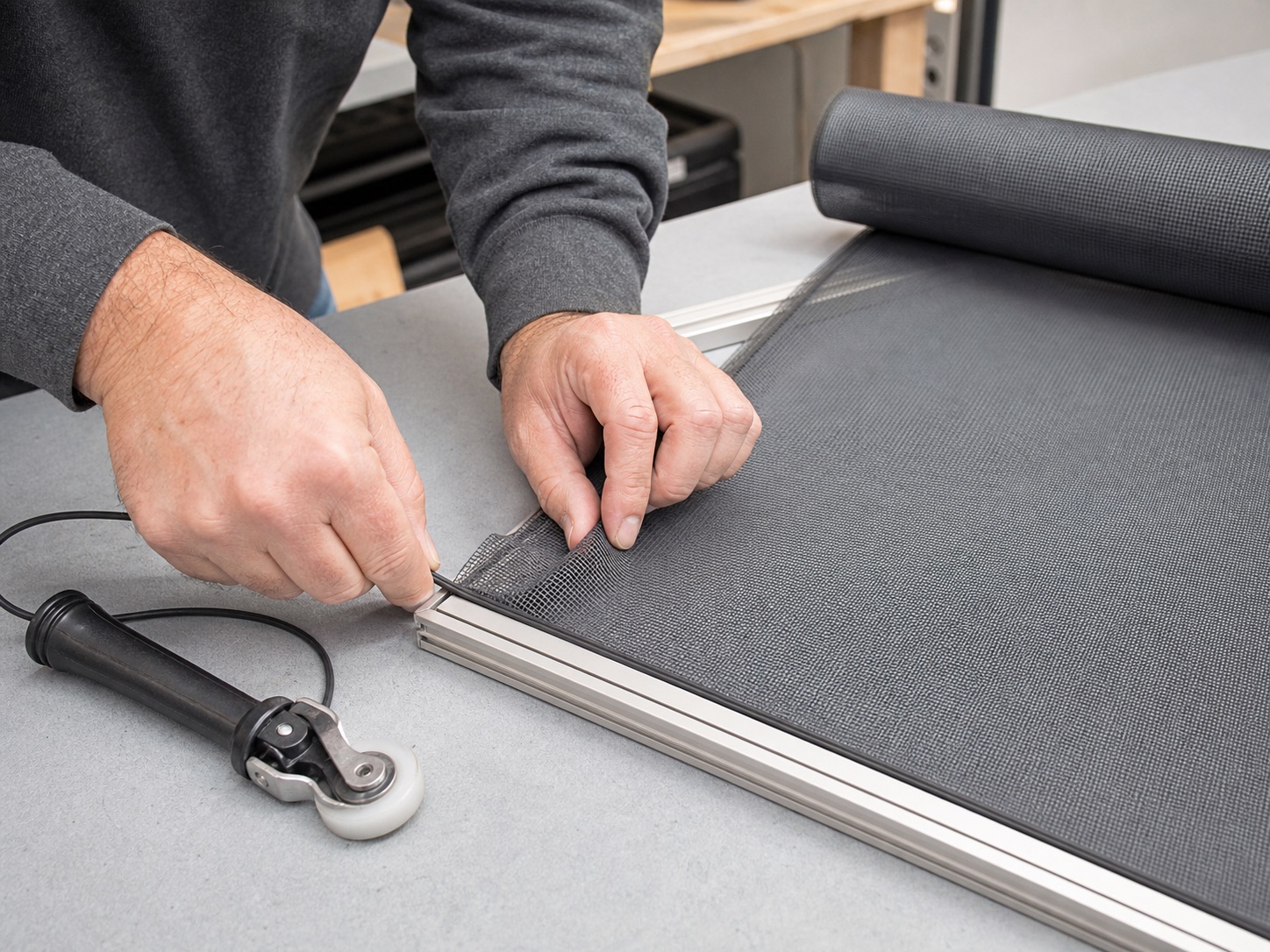 technician repairing a window screen on a workbench in Cary, NC